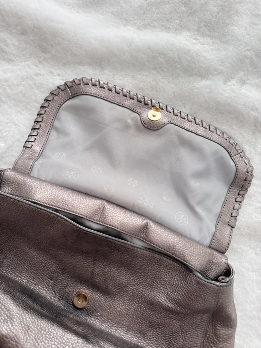 Tory Burch Marion Whipstitch Leather Saddle Bag Metallic Pewter